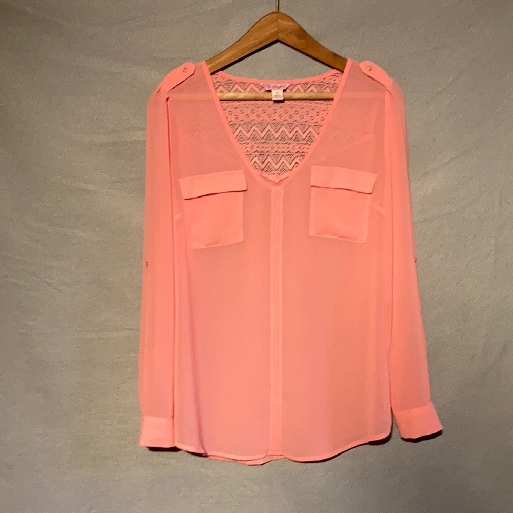 Candie’s size L coral-pink, sheer, lace shirt
